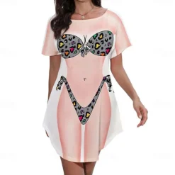 Women's Bikini Shirt Cover Up Dress Funny Cute Bikini Print for Swimwear Short Sleeve 3D Graphic Baggy Swimwear Cover-Up