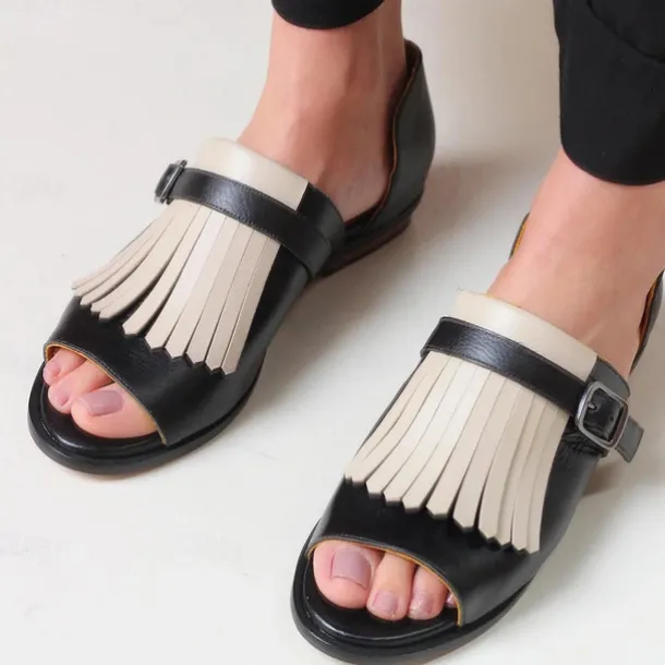 Women's Black and Beige Fringe Sandals – Open-Toe Faux Leather Flats with Adjustable Buckle for Casual and Summer Outfits