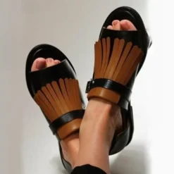 Women's Black and Beige Fringe Sandals – Open-Toe Faux Leather Flats with Adjustable Buckle for Casual and Summer Outfits