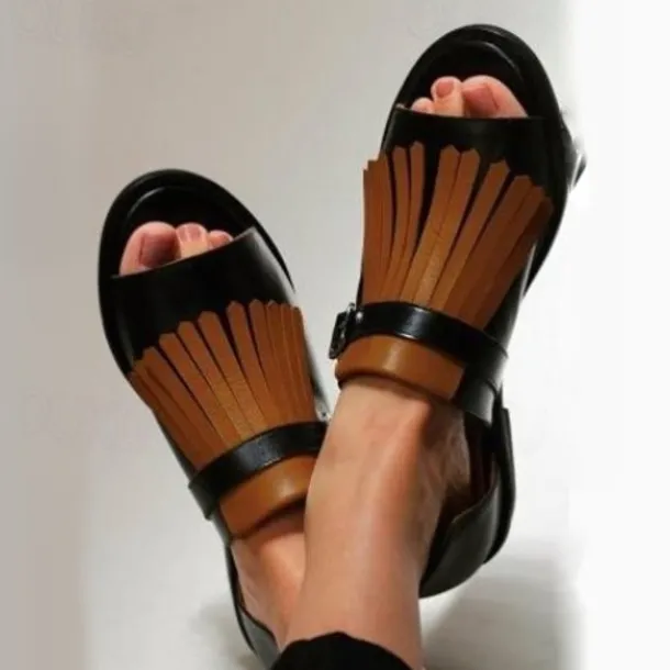 Women's Black and Beige Fringe Sandals – Open-Toe Faux Leather Flats with Adjustable Buckle for Casual and Summer Outfits