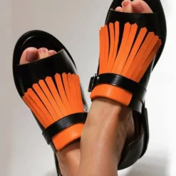 Women's Black and Beige Fringe Sandals – Open-Toe Faux Leather Flats with Adjustable Buckle for Casual and Summer Outfits