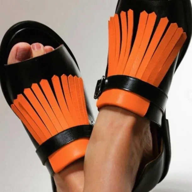 Women's Black and Beige Fringe Sandals – Open-Toe Faux Leather Flats with Adjustable Buckle for Casual and Summer Outfits