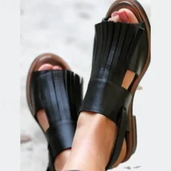 Women's Black and Beige Fringe Sandals – Open-Toe Faux Leather Flats with Adjustable Buckle for Casual and Summer Outfits