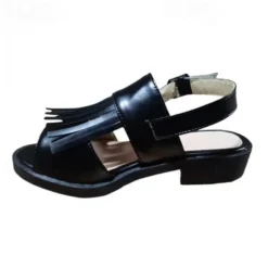 Women's Black and Beige Fringe Sandals – Open-Toe Faux Leather Flats with Adjustable Buckle for Casual and Summer Outfits