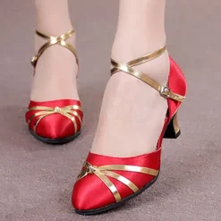 Women's Black and Gold Ballroom Dance Shoes - Modern Style, Satin Strappy Design with Mid-Heel and Ankle Strap for Professional Competitions and Formal Events