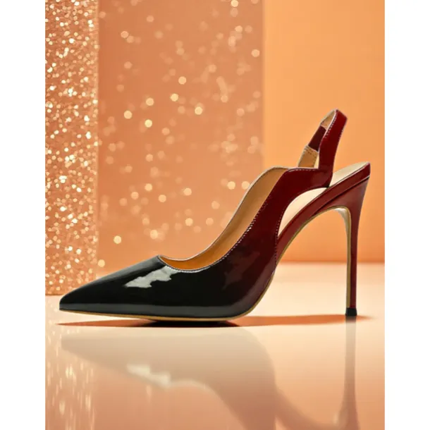 Women's Black and Red Patent Leather Slingback Heels, Pointed Toe Stiletto Pumps for Nightlife, Clubs and Cocktail Parties