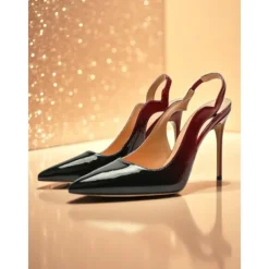 Women's Black and Red Patent Leather Slingback Heels, Pointed Toe Stiletto Pumps for Nightlife, Clubs and Cocktail Parties