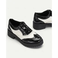 Women's Black and White Brogue Oxford Shoes – Patent Faux Leather Lace-Up, Chunky Sole, Vintage Style for Formal and Casual Wear