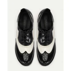 Women's Black and White Brogue Oxford Shoes – Patent Faux Leather Lace-Up, Chunky Sole, Vintage Style for Formal and Casual Wear