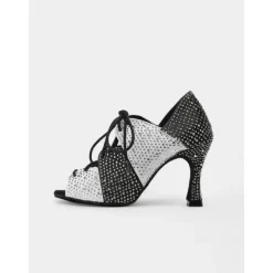 Women's Black and White Crystal-Studded Dance Shoes with Lace-Up Design and High Heel - Latin, Salsa, and Ballroom Performance Footwear
