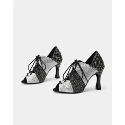 Women's Black and White Crystal-Studded Dance Shoes with Lace-Up Design and High Heel - Latin, Salsa, and Ballroom Performance Footwear