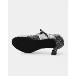 Women's Black and White Crystal-Studded Dance Shoes with Lace-Up Design and High Heel - Latin, Salsa, and Ballroom Performance Footwear