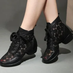 Women's Black and White Lace-Up Dance Boots with Floral Mesh Panels, Breathable Performance Shoes for Latin and Ballroom Dance