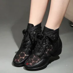 Women's Black and White Lace-Up Dance Boots with Floral Mesh Panels, Breathable Performance Shoes for Latin and Ballroom Dance