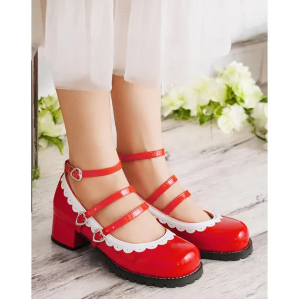 Women's Black and White Scalloped Mary Jane Block Heels – Patent Faux Leather Lolita Platform Shoes with Heart Buckles for Vintage or Cosplay Outfits