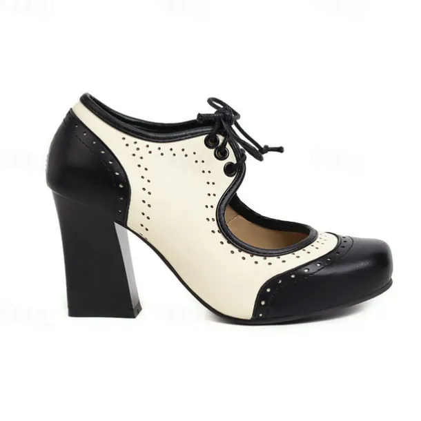 Women's Black and White Vintage Oxford Heels with Lace-Up Design, Retro Chunky Heel Shoes for Formal and Casual Wear