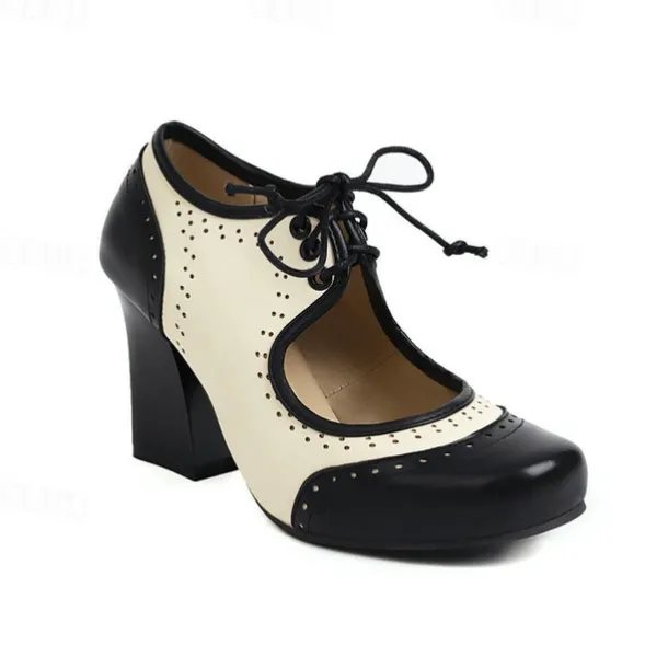 Women's Black and White Vintage Oxford Heels with Lace-Up Design, Retro Chunky Heel Shoes for Formal and Casual Wear
