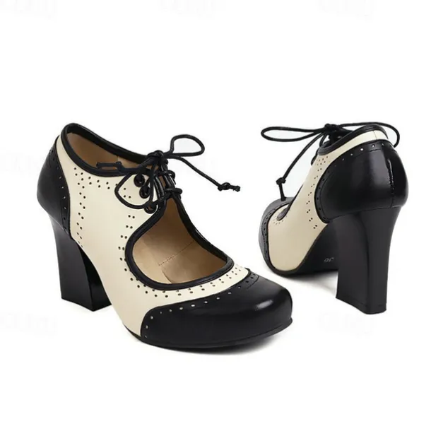 Women's Black and White Vintage Oxford Heels with Lace-Up Design, Retro Chunky Heel Shoes for Formal and Casual Wear