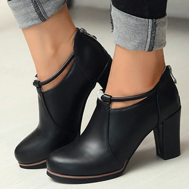 Women's Black Ankle Boots with Buckle Detail and High Block Heel – Stylish and Comfortable for Work, Parties, and Casual Outings