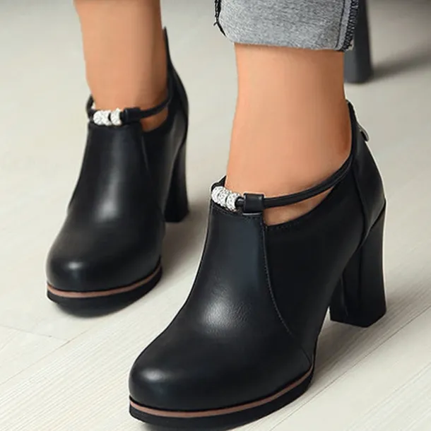 Women's Black Ankle Boots with Buckle Detail and High Block Heel – Stylish and Comfortable for Work, Parties, and Casual Outings