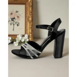 Women's Black Block Heel Sandals - Open Toe Ankle Strap Party Shoes with Sparkling Rhinestone Straps, Elegant Evening Footwear for Cocktail Parties and Special Occasions