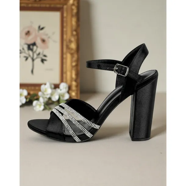 Women's Black Block Heel Sandals - Open Toe Ankle Strap Party Shoes with Sparkling Rhinestone Straps, Elegant Evening Footwear for Cocktail Parties and Special Occasions