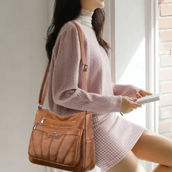 Women's Black Brown Crossbody Bag with Multiple Zippered Pockets - Stylish & Practical Everyday Shoulder Bag for Work & Casual Use