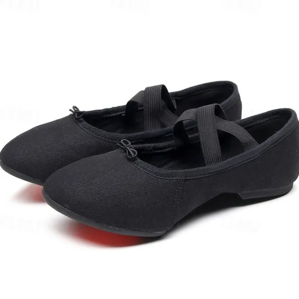 Women's Black Canvas Dance Shoes – Lightweight, Flexible Ballet Flats with Cross-Strap Design for Jazz, Ballet, and Dance Classes
