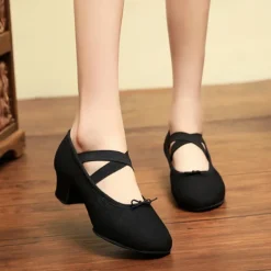 Women's Black Canvas Dance Shoes – Lightweight, Flexible Ballet Flats with Cross-Strap Design for Jazz, Ballet, and Dance Classes