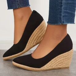 Women's Black Canvas Wedge Heels – Espadrille Platform Shoes with Braided Jute Sole for Summer Casual Outfits, Beach Vacations, and Everyday Wear