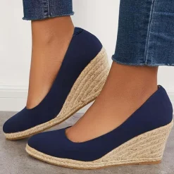 Women's Black Canvas Wedge Heels – Espadrille Platform Shoes with Braided Jute Sole for Summer Casual Outfits, Beach Vacations, and Everyday Wear