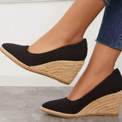 Women's Black Canvas Wedge Heels – Espadrille Platform Shoes with Braided Jute Sole for Summer Casual Outfits, Beach Vacations, and Everyday Wear