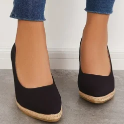 Women's Black Canvas Wedge Heels – Espadrille Platform Shoes with Braided Jute Sole for Summer Casual Outfits, Beach Vacations, and Everyday Wear