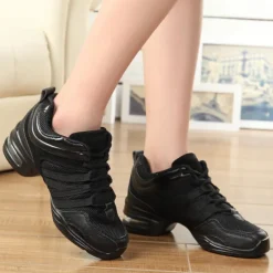 Women's Black Dance Sneakers with Gold Accents – Lightweight Breathable Lace-Up Athletic Shoes for Hip-Hop and Jazz