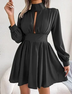 Women's Black Dress Mini Dress Ruched Hollow Out Casual Stand Collar Long Sleeve Black White Wine Color