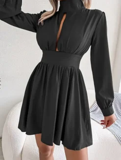 Women's Black Dress Mini Dress Ruched Hollow Out Casual Stand Collar Long Sleeve Black White Wine Color
