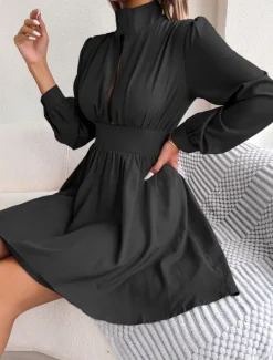 Women's Black Dress Mini Dress Ruched Hollow Out Casual Stand Collar Long Sleeve Black White Wine Color