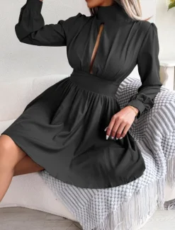 Women's Black Dress Mini Dress Ruched Hollow Out Casual Stand Collar Long Sleeve Black White Wine Color