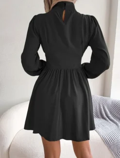 Women's Black Dress Mini Dress Ruched Hollow Out Casual Stand Collar Long Sleeve Black White Wine Color