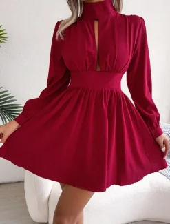 Women's Black Dress Mini Dress Ruched Hollow Out Casual Stand Collar Long Sleeve Black White Wine Color