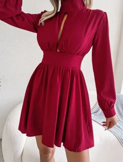Women's Black Dress Mini Dress Ruched Hollow Out Casual Stand Collar Long Sleeve Black White Wine Color
