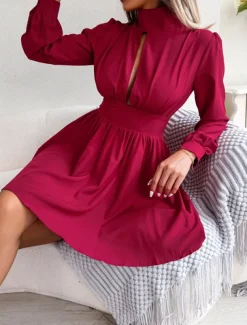 Women's Black Dress Mini Dress Ruched Hollow Out Casual Stand Collar Long Sleeve Black White Wine Color