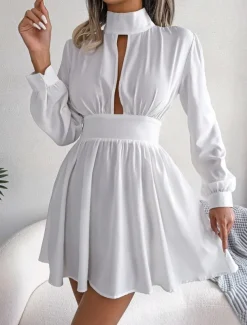 Women's Black Dress Mini Dress Ruched Hollow Out Casual Stand Collar Long Sleeve Black White Wine Color