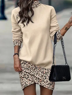 Women's Black Dress Work Dress Casual Dress Sheath Dress Fashion Winter Dress Daily Mini Dress Print Stand Collar Long Sleeve Leopard Floral Loose Fit Black White Yellow Fall Winter XXL