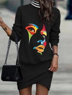 Women's Black Dress Work Dress Casual Dress Sheath Dress Fashion Winter Dress Daily Mini Dress Print Stand Collar Long Sleeve Leopard Floral Loose Fit Black White Yellow Fall Winter XXL
