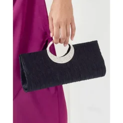 Women's Black Evening Clutch with Rhinestone Handle - Elegant Handbag for Weddings and Formal Events
