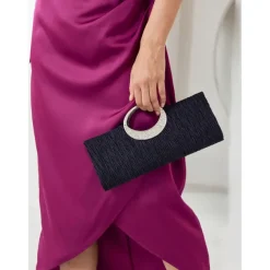 Women's Black Evening Clutch with Rhinestone Handle - Elegant Handbag for Weddings and Formal Events
