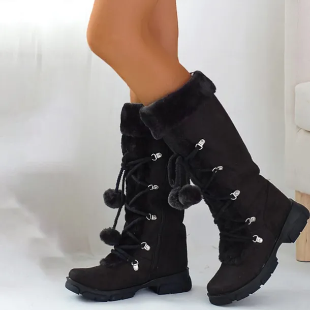 Women's Black Faux Fur Winter Boots with Pom-Pom Laces - Warm Insulated, Knee-High Design, Non-Slip Soles for Cold Weather and Snowy Days