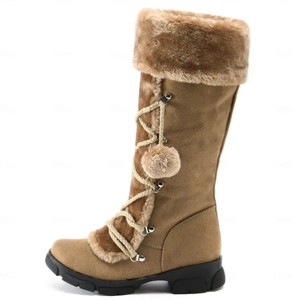 Women's Black Faux Fur Winter Boots with Pom-Pom Laces - Warm Insulated, Knee-High Design, Non-Slip Soles for Cold Weather and Snowy Days