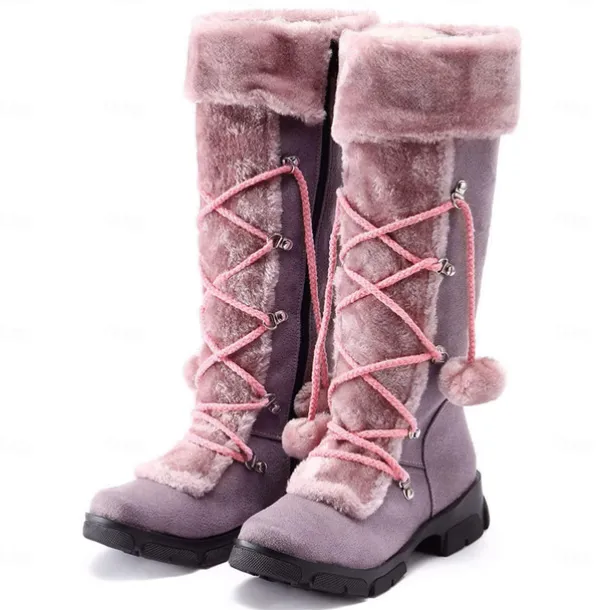 Women's Black Faux Fur Winter Boots with Pom-Pom Laces - Warm Insulated, Knee-High Design, Non-Slip Soles for Cold Weather and Snowy Days